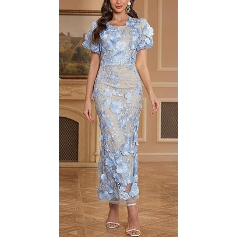 Elegant Light Blue Floral Appliqué Maxi Dress